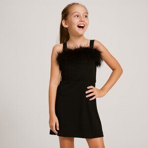 Speechless Kids Feather Trimmed A Line Dress Square Neck Sleeveless Black Size 7